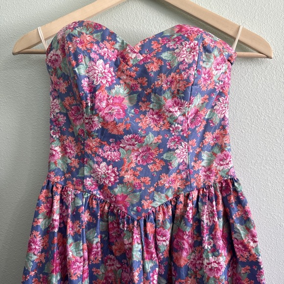 VTG 80s Laura Ashley Dress US 8 Blue Floral Fit Flare Strapless Sundress Pockets - Picture 2 of 10